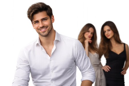 Uomo sorridente con donne sfocate dietro crescita personale